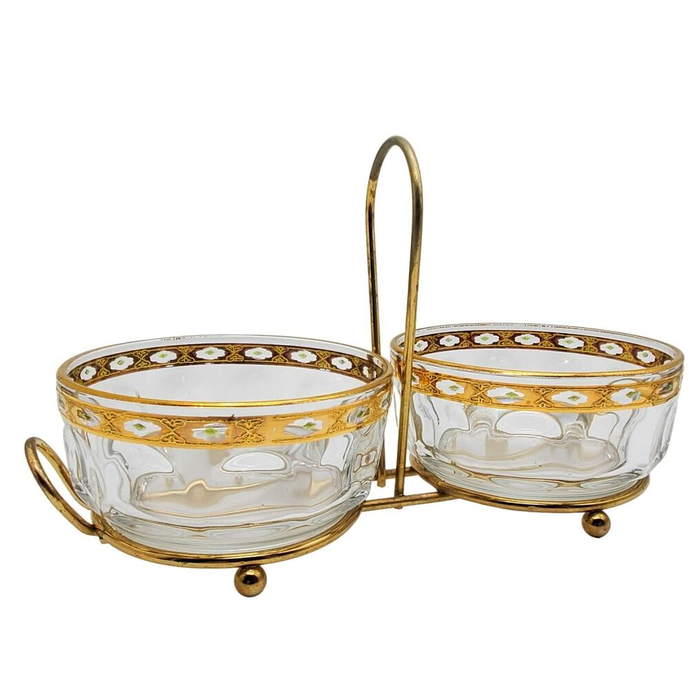 French Glass Condiment Bowls Arcoroc Valencia Gilded Green Hollywood Regency